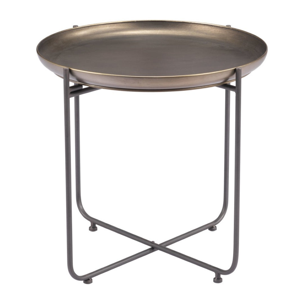 HomeRoots 21" Bronze and Gray Steel Round End Table – Chic Cross Legs for Stylish Living Room & Bedroom Decor 556542