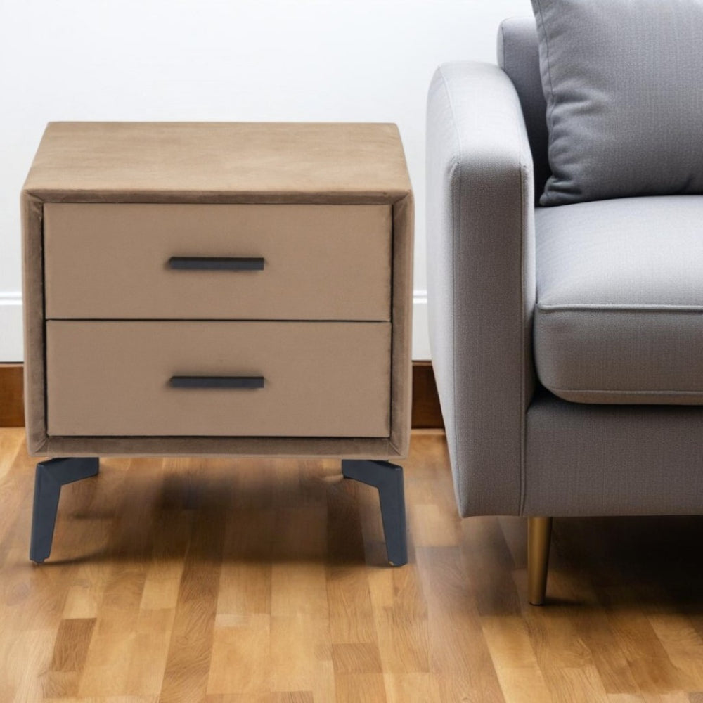HomeRoots 20" Brown Velvet and Black Wood-End Steel Table with Dual Drawers for Stylish Living Room Storage 556556