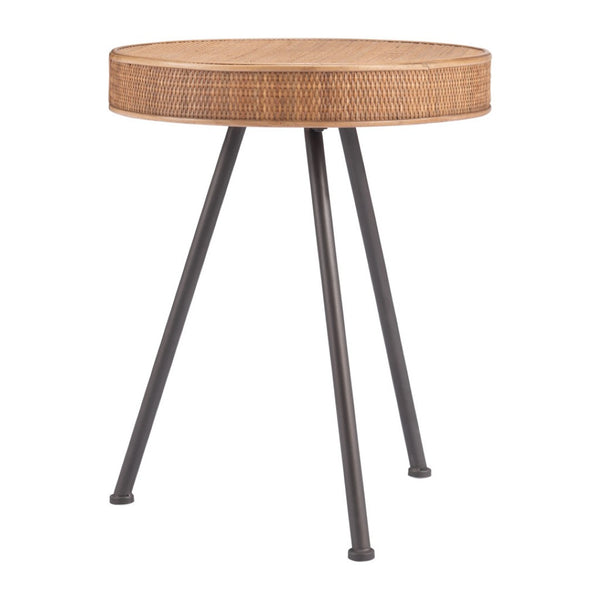 HomeRoots 23" Coastal-Inspired Natural Rattan and Gray Steel Round End Table - Versatile & Stylish Accent Piece 556557