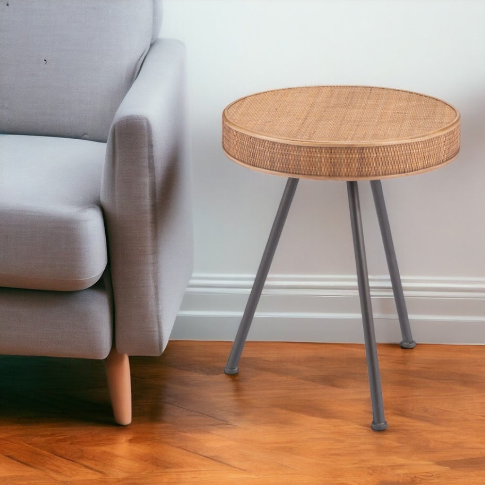 HomeRoots 23" Coastal-Inspired Natural Rattan and Gray Steel Round End Table - Versatile & Stylish Accent Piece 556557