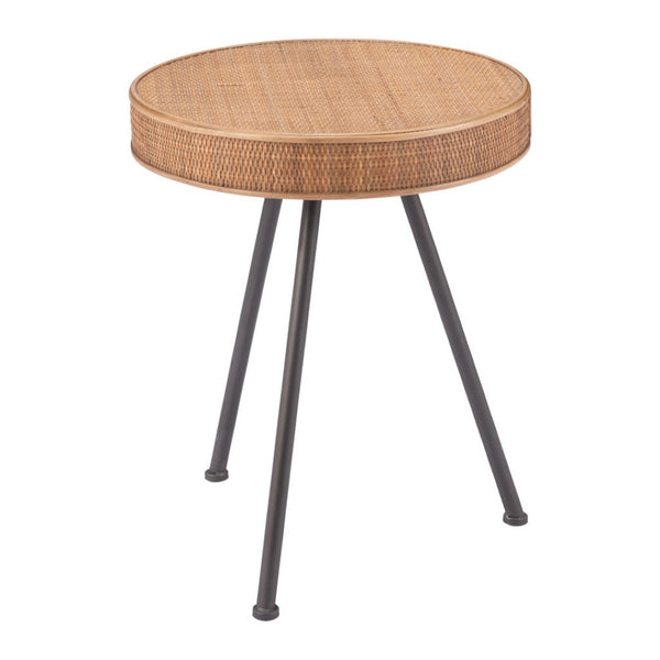 HomeRoots 23" Coastal-Inspired Natural Rattan and Gray Steel Round End Table - Versatile & Stylish Accent Piece 556557