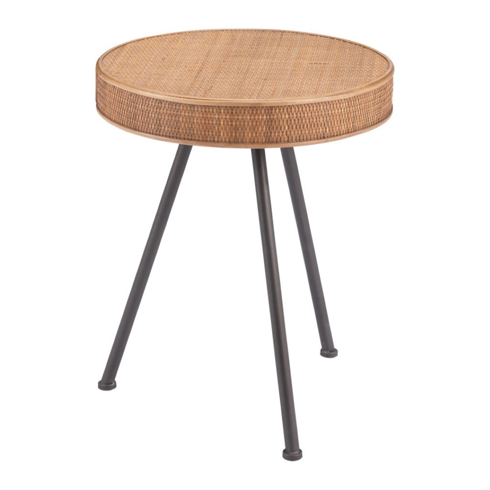 HomeRoots 23" Coastal-Inspired Natural Rattan and Gray Steel Round End Table - Versatile & Stylish Accent Piece 556557