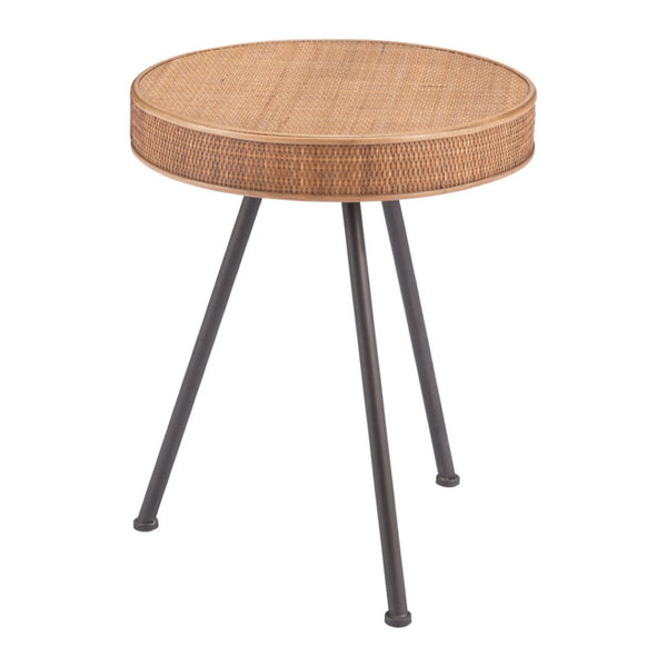 HomeRoots 23" Coastal-Inspired Natural Rattan and Gray Steel Round End Table - Versatile & Stylish Accent Piece 556557