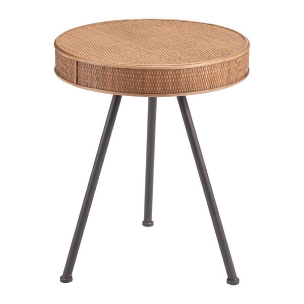 HomeRoots 23" Coastal-Inspired Natural Rattan and Gray Steel Round End Table - Versatile & Stylish Accent Piece 556557