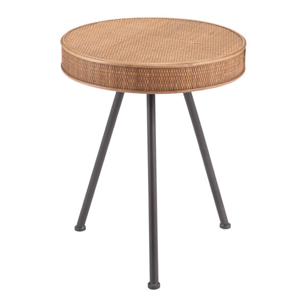 HomeRoots 23" Coastal-Inspired Natural Rattan and Gray Steel Round End Table - Versatile & Stylish Accent Piece 556557