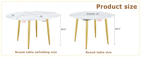 English Elm With Retractable Leaf Round Oval Mdf Top and Sleek Metal Legs Modern Dining Table White+Gold W1151S03870