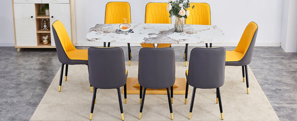 English Elm Table Set: Luxurious 71" Pandora Patterned Glass Dining Table With Golden Legs & 8 Chic Pu Chairs W1151S03245-GIGA