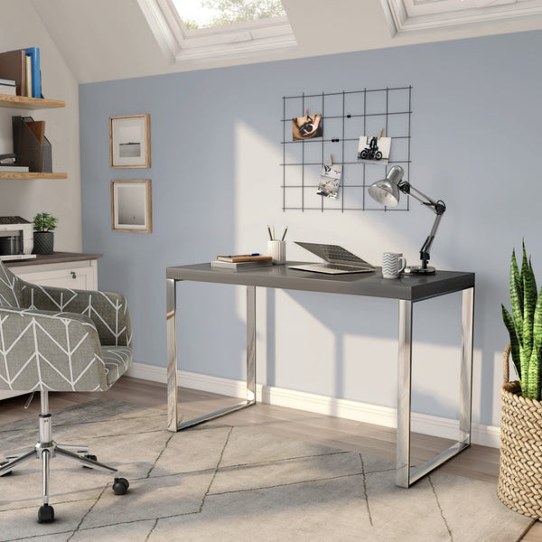 Homeroots 47" Gray And Silver Wood And Stainless Steel Sled Writing Desk - Stylish, Versatile & Durable Design   556634