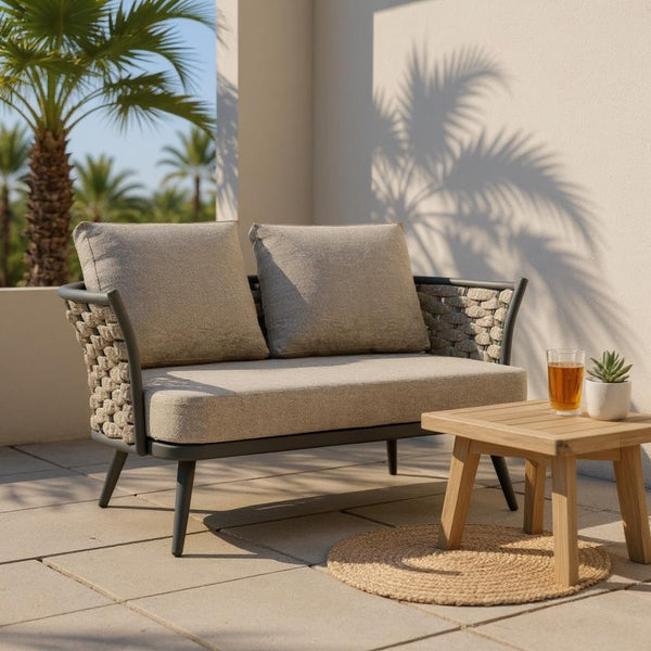 HomeRoots 56" Dark Gray Aluminum Outdoor Loveseat with Taupe Cushions - Stylish, Durable & Low-Maintenance Comfort 556637