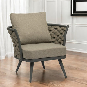 HomeRoots 32" Modern Gray and Taupe Woven Aluminum Outdoor Arm Chair with Removable Cushions for Comfort 556638