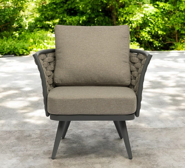 Homeroots 32" Stylish Gray And Taupe Woven Aluminum Outdoor Arm Chair With Cozy Taupe Cushion For Comfort  Aluminium,Fabric 556638