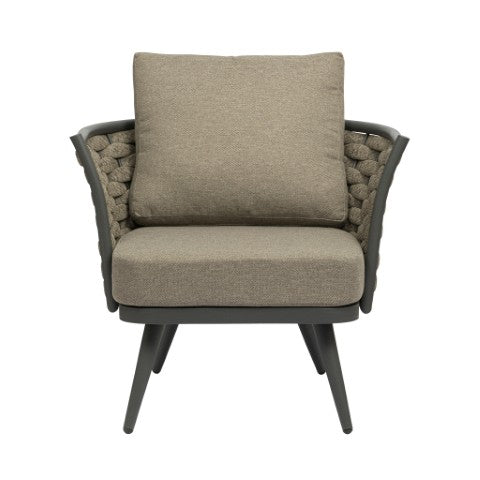 Homeroots 32" Stylish Gray And Taupe Woven Aluminum Outdoor Arm Chair With Cozy Taupe Cushion For Comfort  Aluminium,Fabric 556638