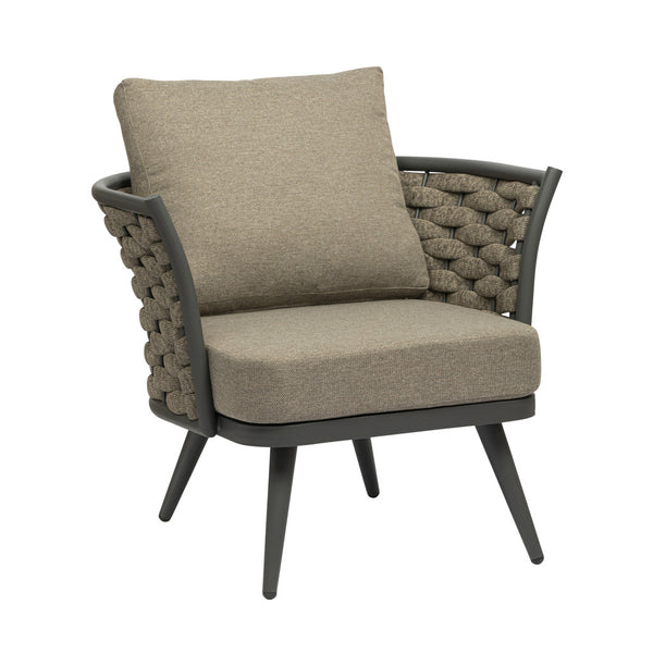 Homeroots 32" Stylish Gray And Taupe Woven Aluminum Outdoor Arm Chair With Cozy Taupe Cushion For Comfort  Aluminium,Fabric 556638
