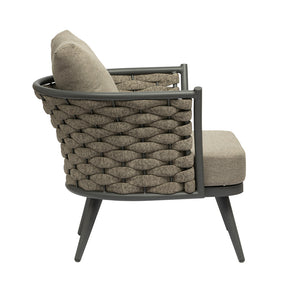 Homeroots 32" Stylish Gray And Taupe Woven Aluminum Outdoor Arm Chair With Cozy Taupe Cushion For Comfort  Aluminium,Fabric 556638