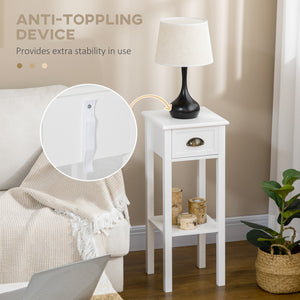 English Elm HOMCOM Narrow 2-Tier Side Table with Drawer and Elevated Shelf — Slim Accent End Table, Sturdy Storage White W2225P200905