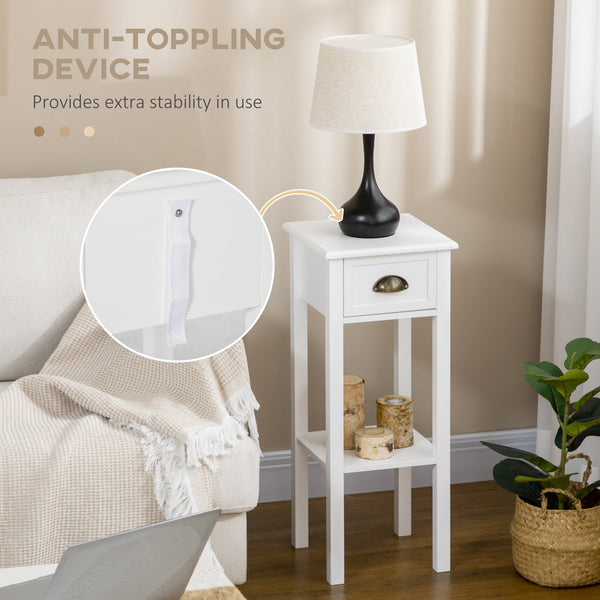 English Elm HOMCOM Narrow 2-Tier Side Table with Drawer and Elevated Shelf — Slim Accent End Table, Sturdy Storage White W2225P200905