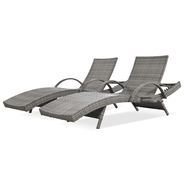 English Elm K&K 80" Outdoor Wicker Chaise Lounge Set of 2 with 2000H UV Wicker, Pull-Out Side Table, 4-Position Recliner Grey WF321204AAE