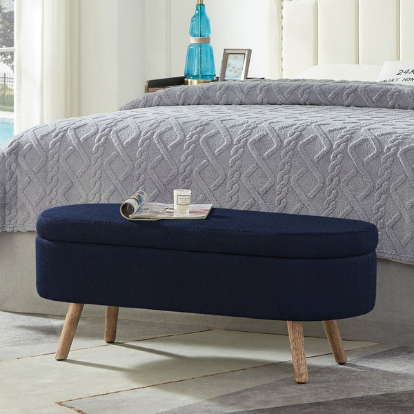 English Elm Luxury Boucle Oval Ottoman Bench with Hidden Storage Rubberwood Legs Entryway Seat Navy Blue W2186P430718
