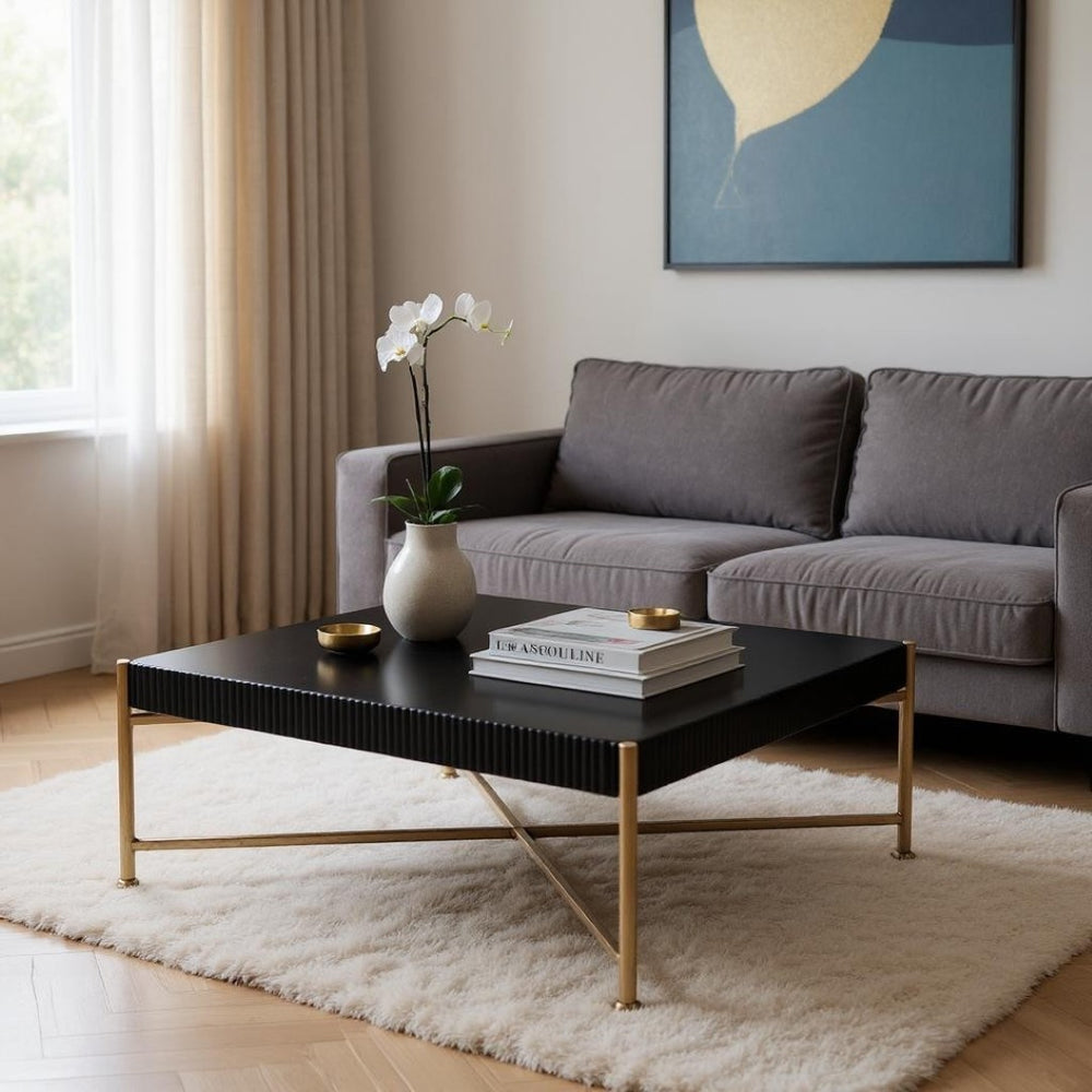 HomeRoots 42" Black Solid Wood and Gold Steel Square Coffee Table - Modern Geometric Design for Any Space 556707