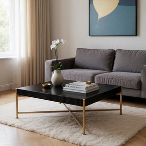 HomeRoots 42" Black Solid Wood and Gold Steel Square Coffee Table - Modern Geometric Design for Any Space 556707