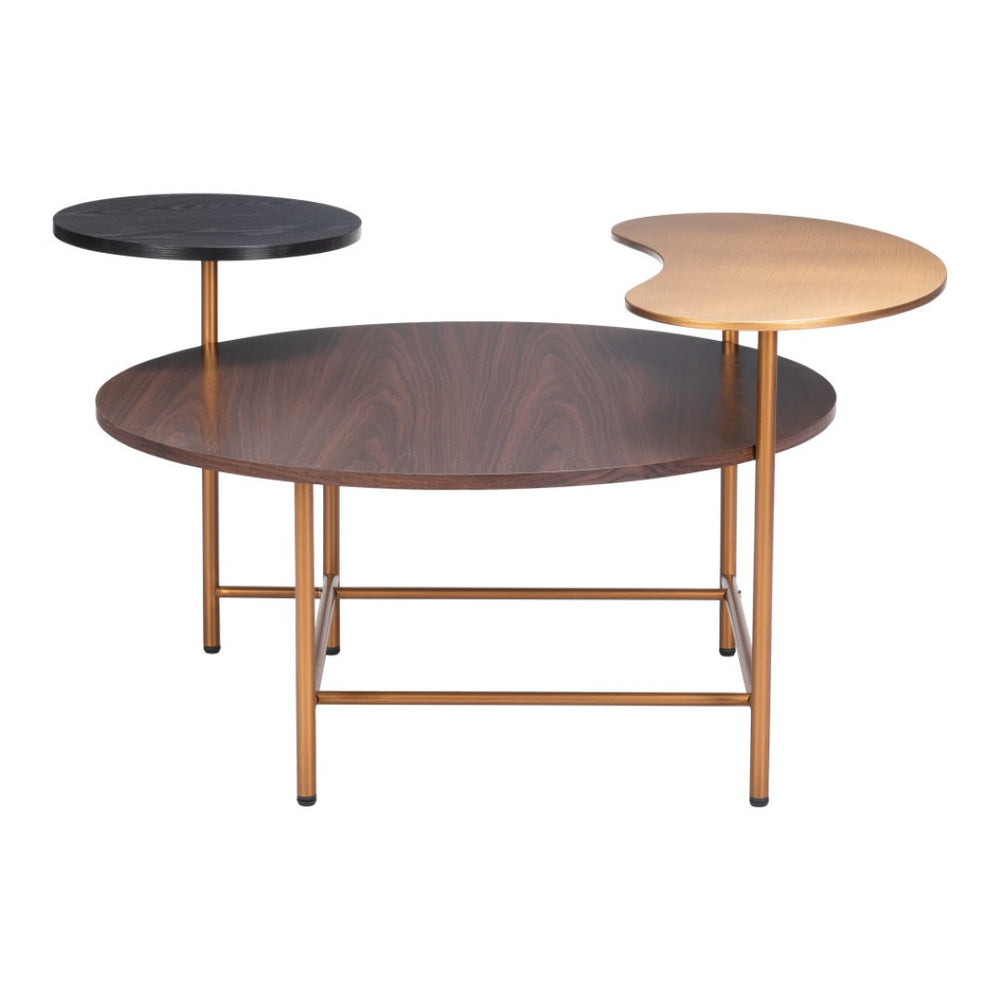 HomeRoots 55" Art Deco-Inspired Three-Tier Coffee Table with Stylish Brown, Black, and Gold Finish for Modern Living 556709
