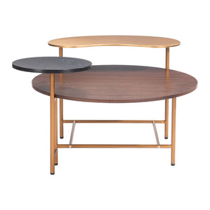 HomeRoots 55" Art Deco-Inspired Three-Tier Coffee Table with Stylish Brown, Black, and Gold Finish for Modern Living 556709