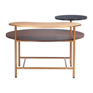 HomeRoots 55" Art Deco-Inspired Three-Tier Coffee Table with Stylish Brown, Black, and Gold Finish for Modern Living 556709