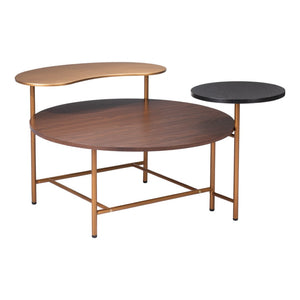 HomeRoots 55" Art Deco-Inspired Three-Tier Coffee Table with Stylish Brown, Black, and Gold Finish for Modern Living 556709