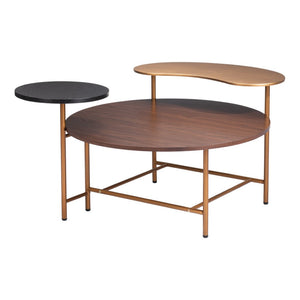HomeRoots 55" Art Deco-Inspired Three-Tier Coffee Table with Stylish Brown, Black, and Gold Finish for Modern Living 556709
