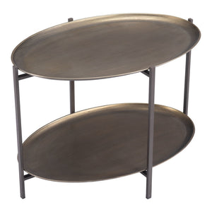 HomeRoots 26" Antiqued Bronze Two-Tier Oval Coffee Table with Black Steel Frame for Stylish Storage & Display 556717