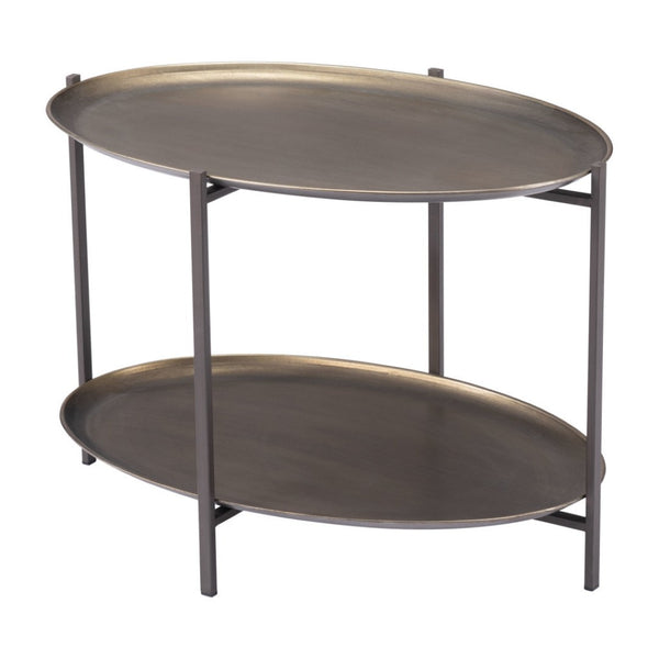HomeRoots 26" Antiqued Bronze Two-Tier Oval Coffee Table with Black Steel Frame for Stylish Storage & Display 556717
