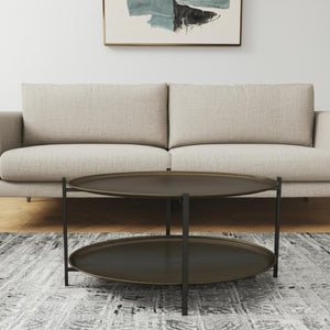 HomeRoots 26" Antiqued Bronze Two-Tier Oval Coffee Table with Black Steel Frame for Stylish Storage & Display 556717