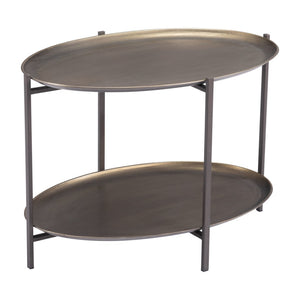 HomeRoots 26" Antiqued Bronze Two-Tier Oval Coffee Table with Black Steel Frame for Stylish Storage & Display 556717