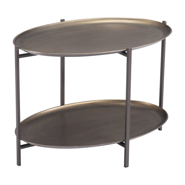 HomeRoots 26" Antiqued Bronze Two-Tier Oval Coffee Table with Black Steel Frame for Stylish Storage & Display 556717