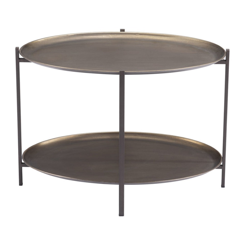 HomeRoots 26" Antiqued Bronze Two-Tier Oval Coffee Table with Black Steel Frame for Stylish Storage & Display 556717