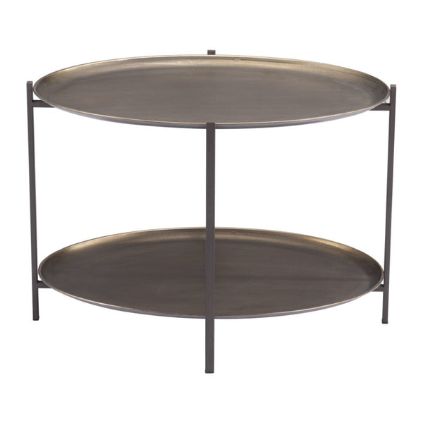 HomeRoots 26" Antiqued Bronze Two-Tier Oval Coffee Table with Black Steel Frame for Stylish Storage & Display 556717