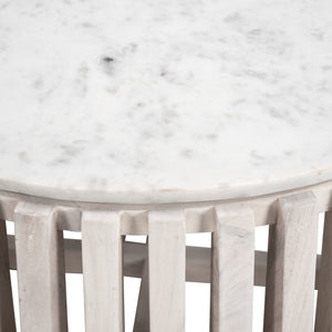 HomeRoots 34" White and Natural Marble Round Drum Coffee Table - Modern Elegance for Any Space, Fully Assembled 556719