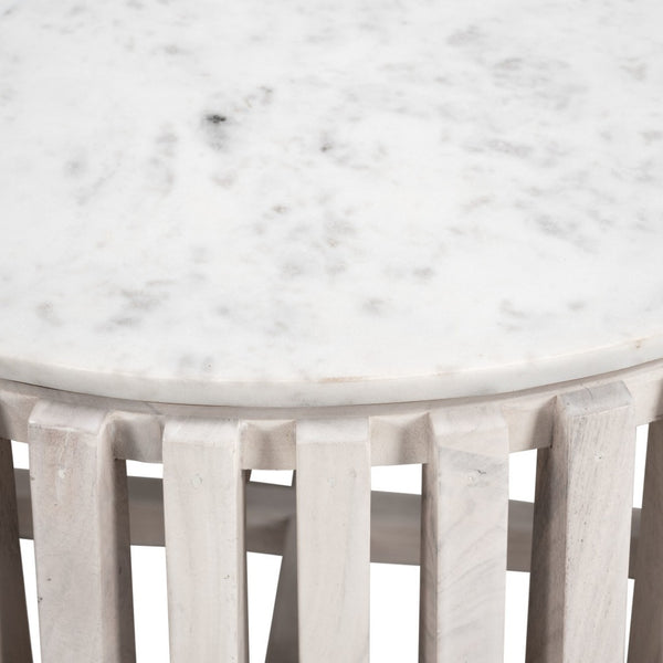 HomeRoots 34" White and Natural Marble Round Drum Coffee Table - Modern Elegance for Any Space, Fully Assembled 556719
