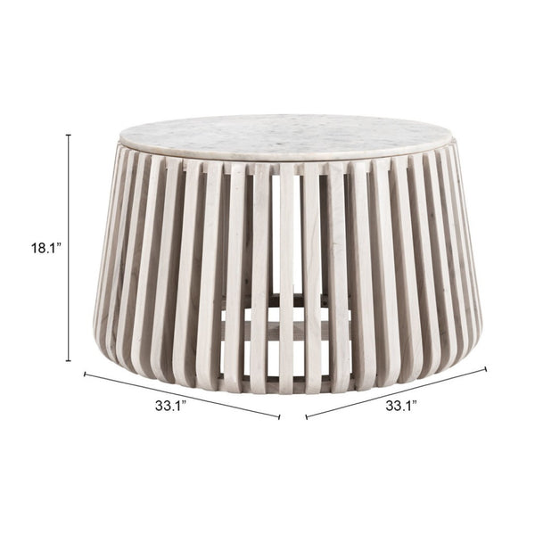 HomeRoots 34" White and Natural Marble Round Drum Coffee Table - Modern Elegance for Any Space, Fully Assembled 556719