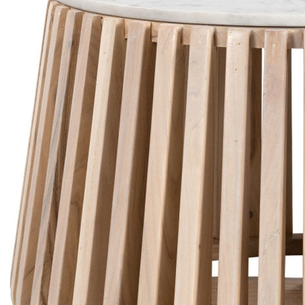 HomeRoots 34" White and Natural Marble Round Drum Coffee Table - Modern Elegance for Any Space, Fully Assembled 556719