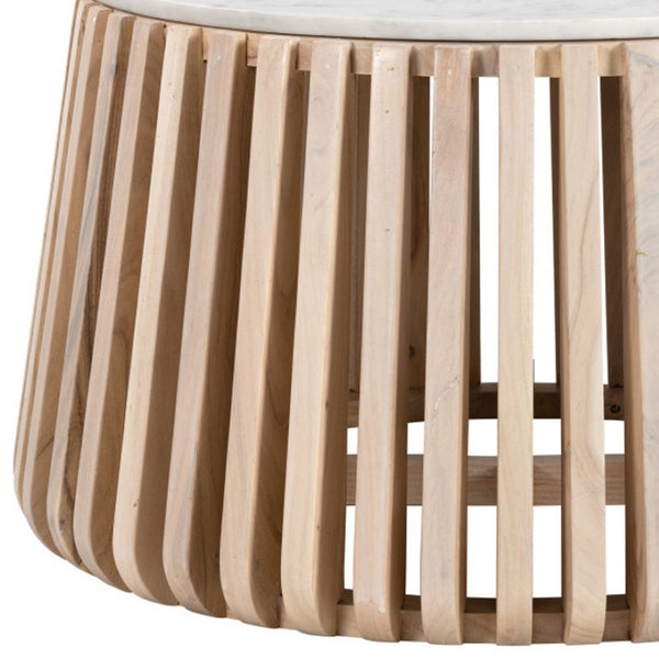 HomeRoots 34" White and Natural Marble Round Drum Coffee Table - Modern Elegance for Any Space, Fully Assembled 556719