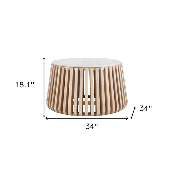 HomeRoots 34" White and Natural Marble Round Drum Coffee Table - Modern Elegance for Any Space, Fully Assembled 556719