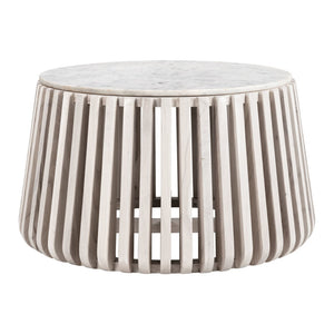 HomeRoots 34" White and Natural Marble Round Drum Coffee Table - Modern Elegance for Any Space, Fully Assembled 556719