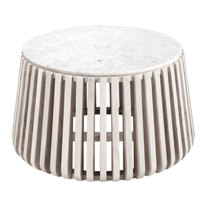 HomeRoots 34" White and Natural Marble Round Drum Coffee Table - Modern Elegance for Any Space, Fully Assembled 556719