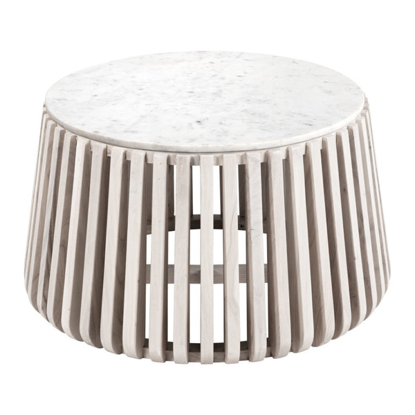 HomeRoots 34" White and Natural Marble Round Drum Coffee Table - Modern Elegance for Any Space, Fully Assembled 556719