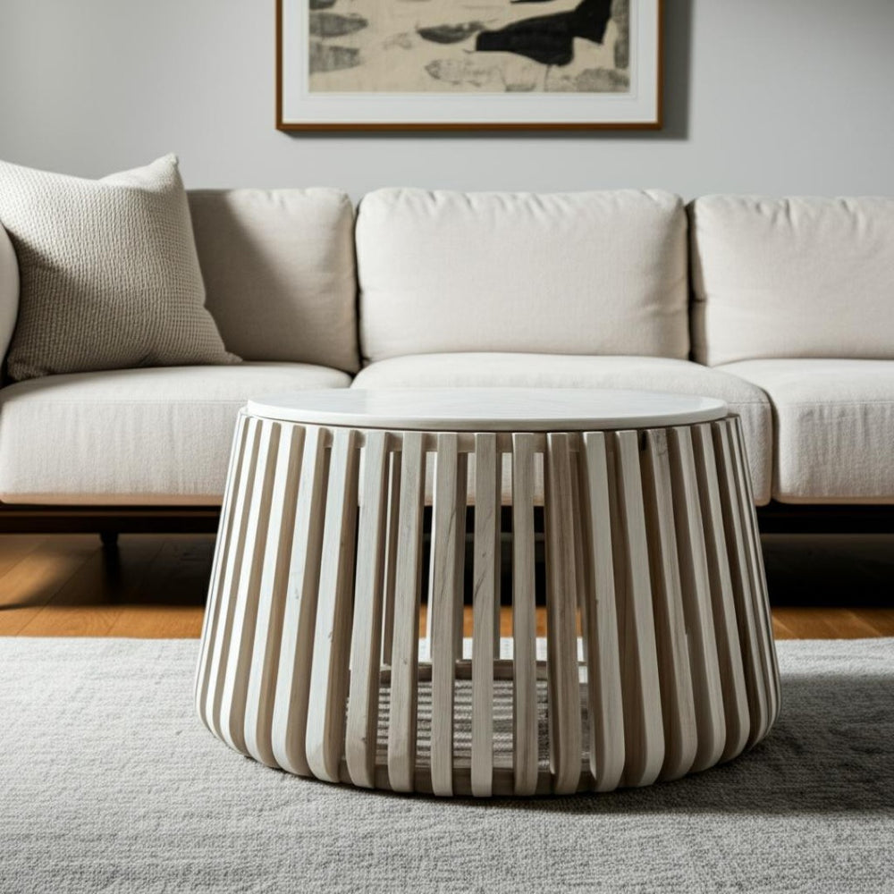 HomeRoots 34" White and Natural Marble Round Drum Coffee Table - Modern Elegance for Any Space, Fully Assembled 556719