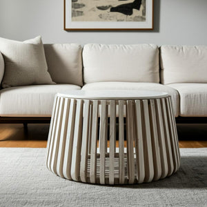 HomeRoots 34" White and Natural Marble Round Drum Coffee Table - Modern Elegance for Any Space, Fully Assembled 556719