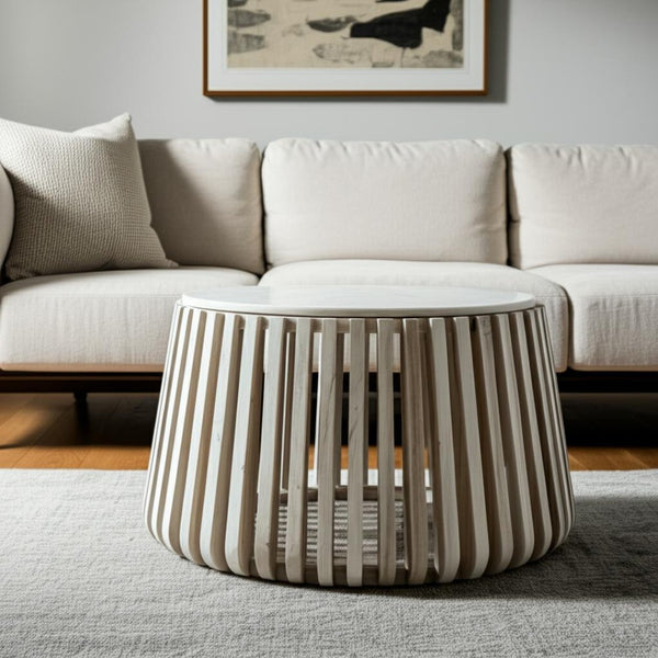 HomeRoots 34" White and Natural Marble Round Drum Coffee Table - Modern Elegance for Any Space, Fully Assembled 556719