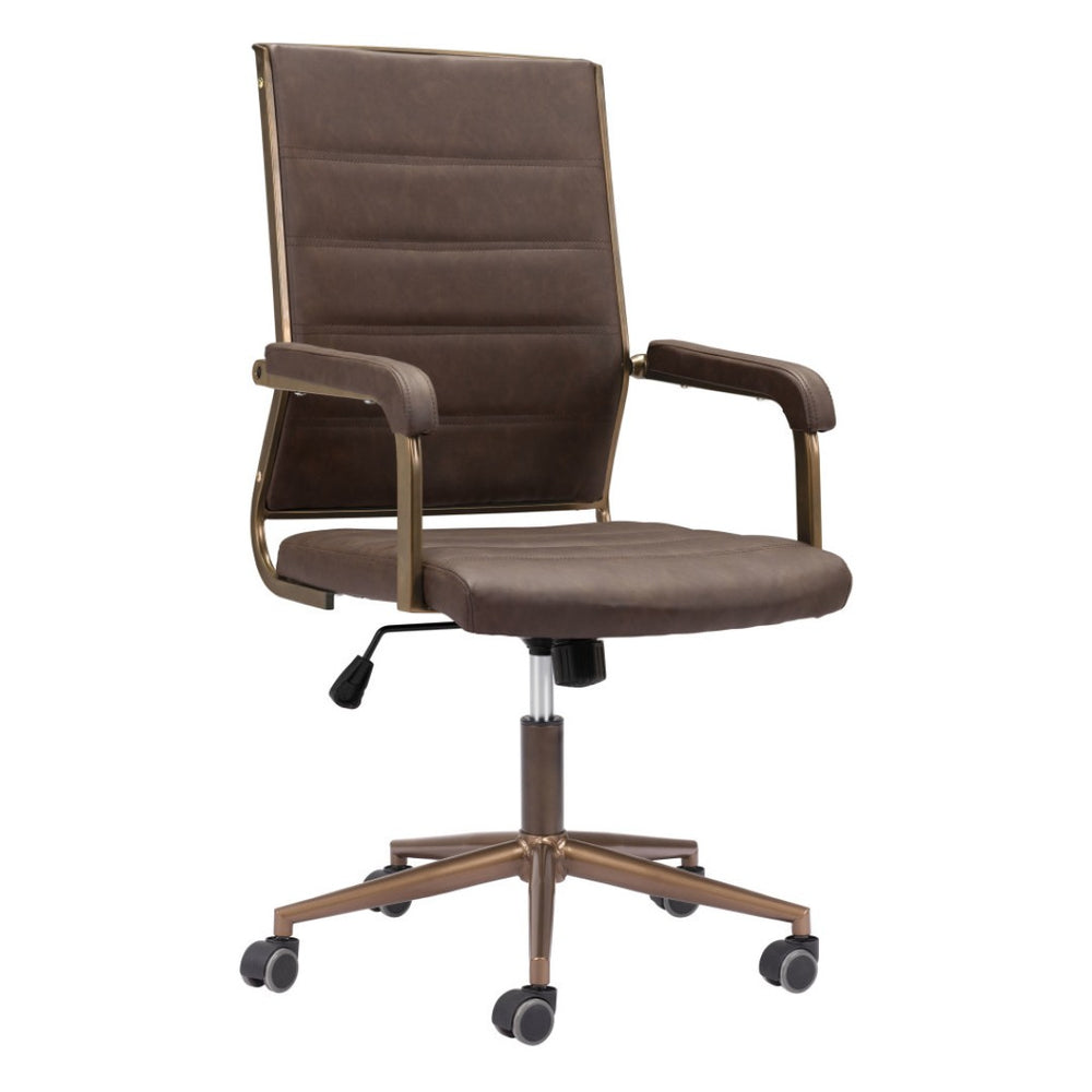HomeRoots Espresso Adjustable Height Swivel Office Chair - Modern Bronze Frame & Vintage Faux Leather Comfort 556762