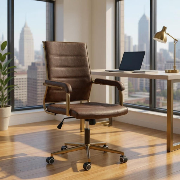 HomeRoots Espresso Adjustable Height Swivel Office Chair - Modern Bronze Frame & Vintage Faux Leather Comfort 556762
